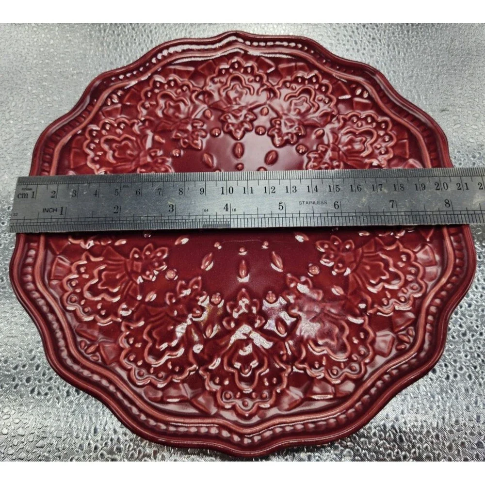 Pioneer Woman ~ Red ~ FARMHOUSE LACE Stoneware Salad Plates (Set of 3) READ!!